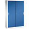 Grande armoire en acier avec parois latérales blanches et deux portes coulissantes bleues.
