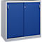 Une armoire en métal gris avec deux portes coulissantes bleues et des poignées argentées sur fond blanc.