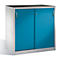 Armoire en acier bleu avec portes coulissantes et cadre argenté sur fond blanc.