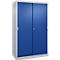 Une armoire métallique grise avec deux portes coulissantes bleues sur un fond neutre.