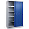 Armoire en métal gris avec portes coulissantes bleues, partiellement ouverte, montrant quatre étagères sur fond clair.
