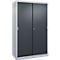Armoire en métal gris avec deux portes coulissantes sombres sur fond neutre.