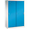 Une armoire en métal blanc avec deux portes coulissantes bleu vif et des poignées argentées.