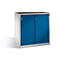 Une armoire métallique bleue avec des portes coulissantes et des poignées argentées sur fond neutre.