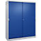 Armoire métallique grise avec deux portes coulissantes bleues sur fond neutre.