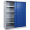 Armoire métallique grise avec une porte coulissante bleue, révélant des étagères ouvertes sur un côté.
