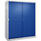 Armoire en acier bleu avec cadre gris et deux portes coulissantes, sur fond neutre.