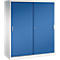 Une armoire en métal blanc avec deux portes coulissantes bleues et poignées, sur fond blanc.