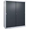 Une armoire en acier gris avec deux portes coulissantes anthracite et des poignées argentées intégrées.