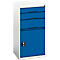 Armoire avec tiroirs bleus et cadre blanc, poignée noire. Armoire à tiroirs.