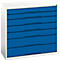 Commode à tiroirs bleue et blanche avec six tiroirs, des poignées et un corps blanc.