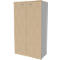 Armoire en bois clair avec deux portes et poignées argentées.