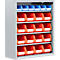 Armoire à outils grise avec bacs en plastique rouges et bleus. Chaque tiroir a une étiquette blanche.