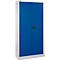 Grande armoire métallique gris clair avec deux portes battantes bleues et une serrure centrale à loquet rotatif.