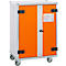 Armoire sur roulettes, portes orange, côtés gris. Charnières et serrure noires.