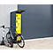 Vélo et trottinette électrique devant une borne de recharge jaune Loxxer. Texte : Charging Lockers.