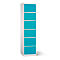 Un grand casier blanc avec six portes turquoise. Chaque porte a une serrure.