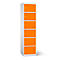 Armoire à six compartiments, cadre blanc, portes orange, avec clés.