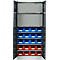 Armoire grise avec portes ouvertes remplie de conteneurs bleus et rouges.