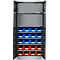 Armoire métallique grise avec portes ouvertes. Bacs en plastique bleus et rouges disposés sur des étagères.