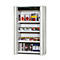 Armoire de sécurité contenant des produits chimiques dangereux, y compris des bidons et des boîtes. Marquée de symboles de danger.