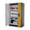 Armoire en acier jaune-gris avec portes ouvertes. Intérieur étagères avec boîtes, bouteilles et conteneurs. Lettrage noir sur la porte.