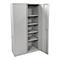 Armoire en acier gris avec une porte ouverte, révélant des étagères de rangement.