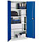 Armoire en acier bleu et blanc avec portes ouvertes, remplie de classeurs, de dossiers et d'une sacoche d'ordinateur portable.