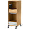 Armoire beige avec tiroirs, roulettes et un support pour un appareil.