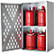 Armoire en acier ouverte avec des bouteilles de gaz rouges. La porte a une surface perforée.