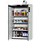 Armoire de sécurité blanche ouverte remplie de produits chimiques. Étagères intérieures avec bidons, bouteilles et conteneurs. Panneau de commande en haut.
