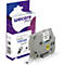 Graue Beschriftungskassette neben Verpackung mit Aufdruck 'wecare connect' und Produktinformationen.