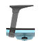 Armrest of an ergonomic office chair in gray. The armrest is attached to the chair. Blue below.
