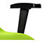 Close-up of a black armrest arm attached to a green chair seat.