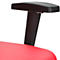 Close-up of an office chair armrest. Black armrest on red seat.
