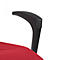 Close-up of a chair armrest. Black armrest on red seat, white background.