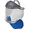 Gelaatsscherm met grijze helm en blauwe kinbeschermer. Transparante vizierplaat. Verstelbare hoofdband.