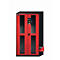 Armoire avec portes rouges et panneaux latéraux noirs. Au centre se trouve un panneau de commande avec des symboles. Sur la droite, une puce de couleur RAL 3020 est visible.