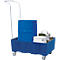 Blue cart with drum and containers. Gray handle and wheels.