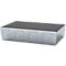 Rectangular gray metal trough with grate cover. Slight angle from the front.