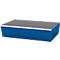 Blue rectangular pool with a gray grate on top.