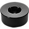 Black round object with a hole in the middle, shiny rim.