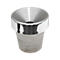 Metal funnel with a shiny surface. Top edge with shiny ring, below it a conical body.