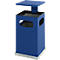 Blue trash can with lid and rectangular openings on the sides. Stands on a gray base.