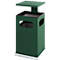 Dark green trash can with square shape and open lid. At the bottom a base made of stone.