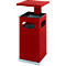 Red trash can with square lid and openings. It stands on a gray base.