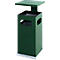 Green square trash can with lid, with cutouts. Standing on a concrete base.