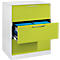 A white and green filing cabinet with two drawers, one open. The open drawer reveals blue folders.
