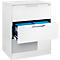 White filing cabinet with two drawers, one open. Blue paper in the drawers.