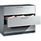 Gray metallic file cabinet with three drawers, one open showing red folders. Handle bars.
